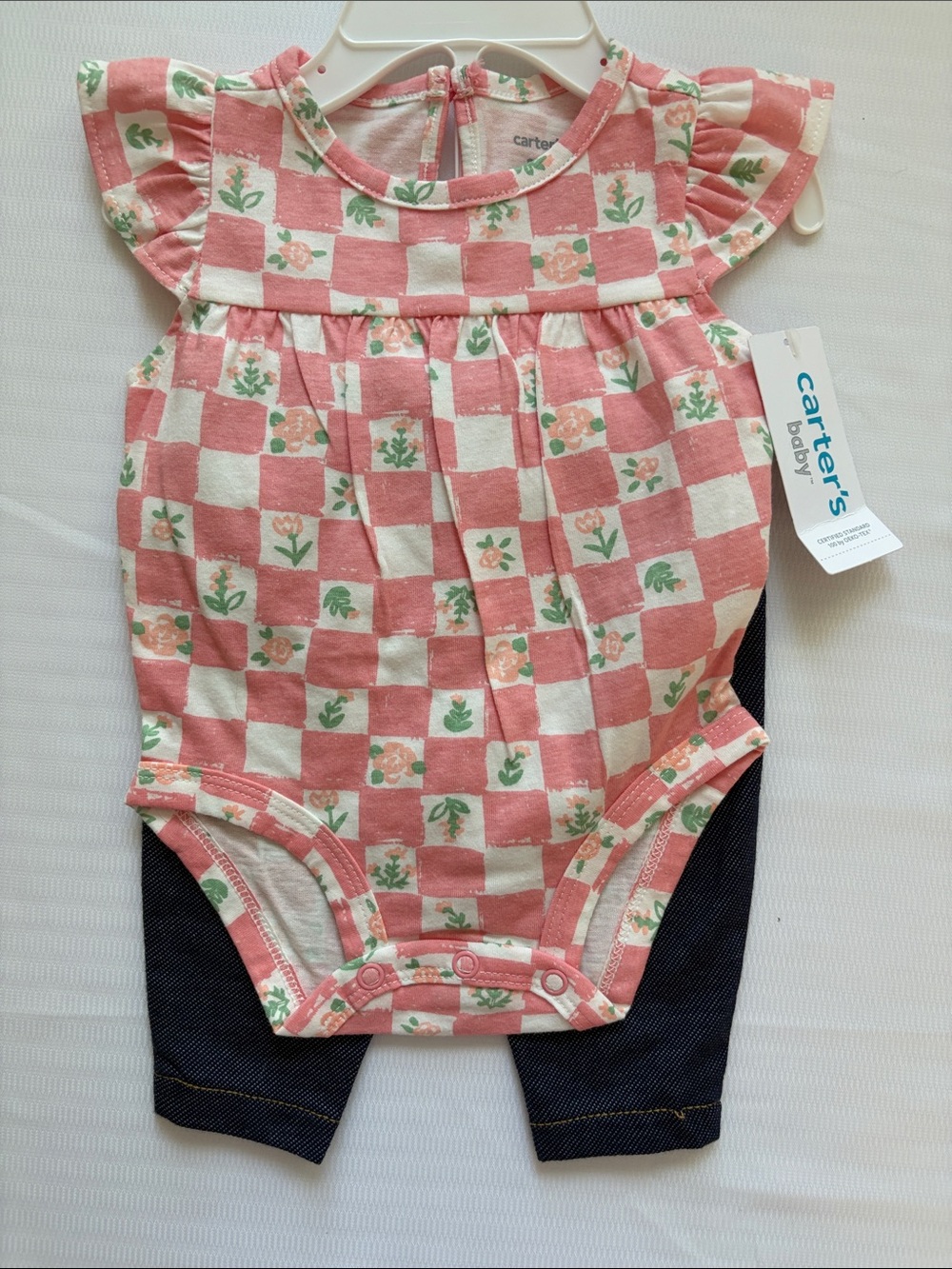 Carter's Pink and White Check Floral Romper with Dark Denim Leggings 3m